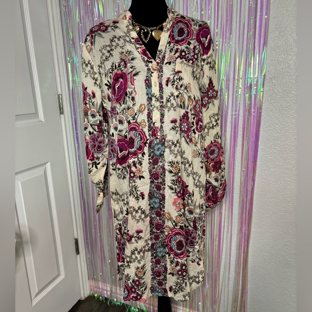 Boho Cotton Cream Floral Shift Dress with Pink & Blue Accents Adjustable Sleeves